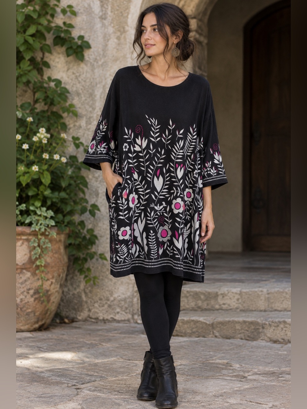 Gudrun Sjoden Dress Lagenlook Scandinavian Folk Artistic Floral Print Size XL